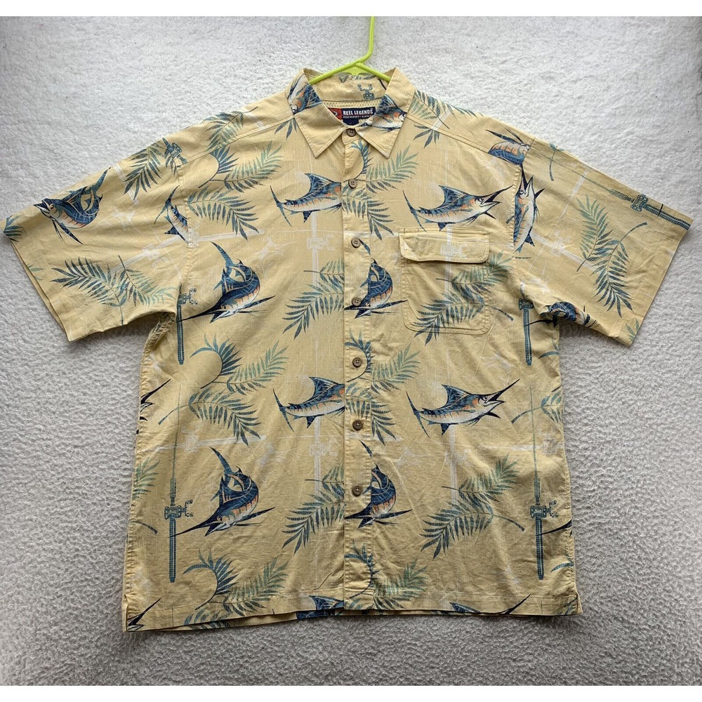 Reel Legends Performance Fishing Shirt Mens XL X-Large Yellow Marlins Palms Vent